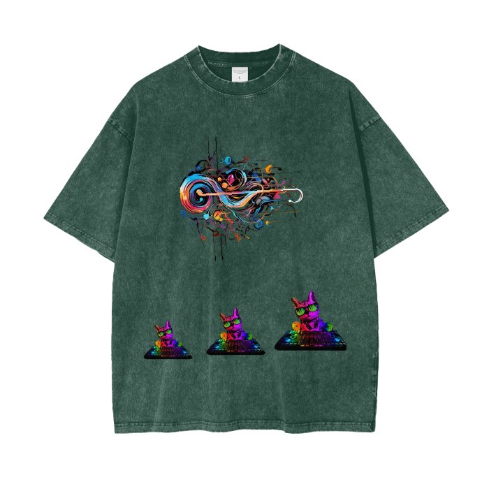 Front Rain Music Dj Kittyz - Streetwear Unisex Oversized Snow Wash T-Shirt | Up to 2XL - 7 colors - Front & Back Print #MzKittyz #NikkiDKatArt