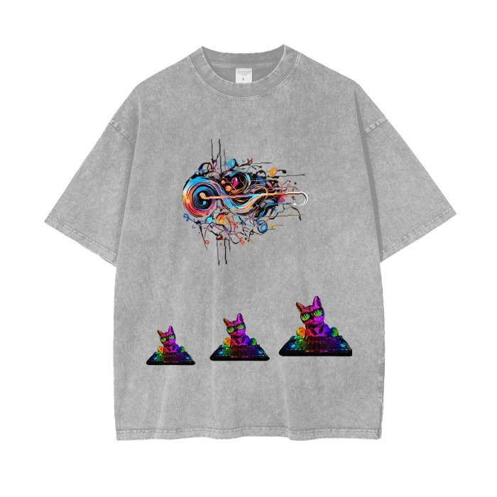 Front Rain Music Dj Kittyz - Streetwear Unisex Oversized Snow Wash T-Shirt | Up to 2XL - 7 colors - Front & Back Print #MzKittyz #NikkiDKatArt
