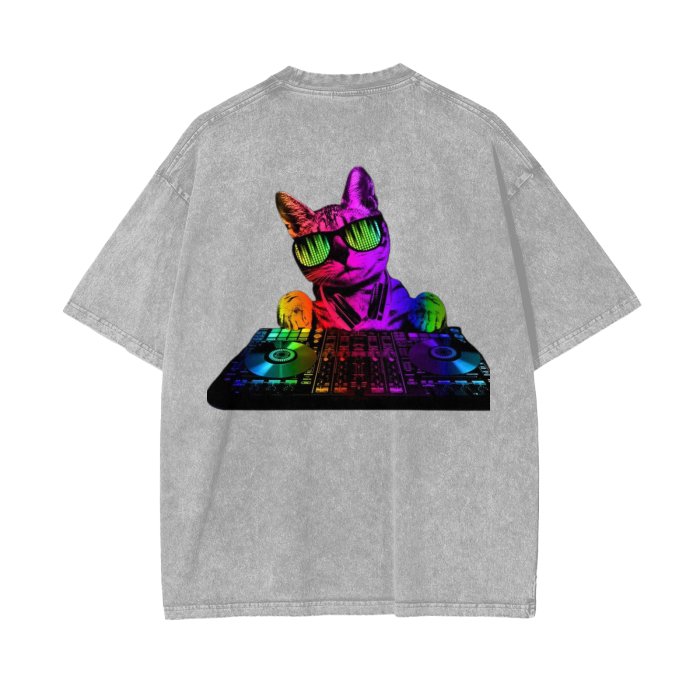 Front Rain Music Dj Kittyz - Streetwear Unisex Oversized Snow Wash T-Shirt | Up to 2XL - 7 colors - Front & Back Print #MzKittyz #NikkiDKatArt