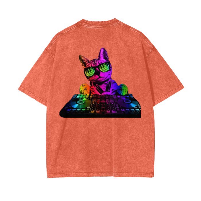 Front Rain Music Dj Kittyz - Streetwear Unisex Oversized Snow Wash T-Shirt | Up to 2XL - 7 colors - Front & Back Print #MzKittyz #NikkiDKatArt