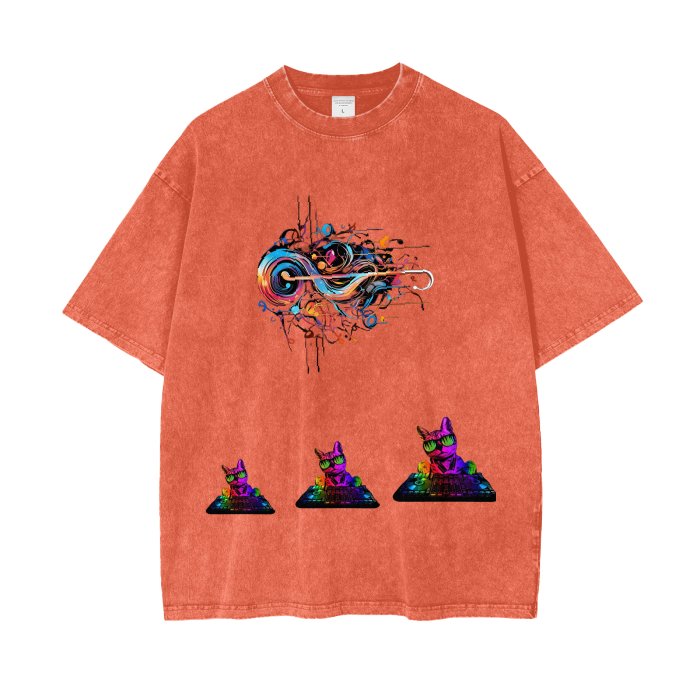 Front Rain Music Dj Kittyz - Streetwear Unisex Oversized Snow Wash T-Shirt | Up to 2XL - 7 colors - Front & Back Print #MzKittyz #NikkiDKatArt