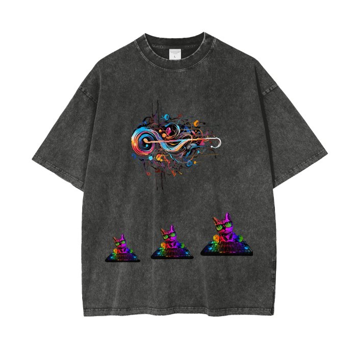 Front Rain Music Dj Kittyz - Streetwear Unisex Oversized Snow Wash T-Shirt | Up to 2XL - 7 colors - Front & Back Print #MzKittyz #NikkiDKatArt
