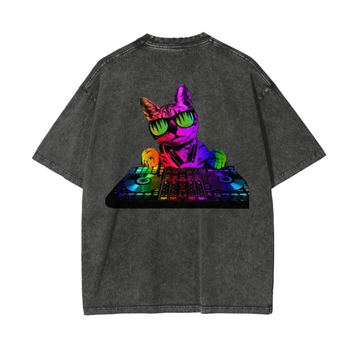 Front Rain Music Dj Kittyz - Streetwear Unisex Oversized Snow Wash T-Shirt | Up to 2XL - 7 colors - Front & Back Print #MzKittyz #NikkiDKatArt