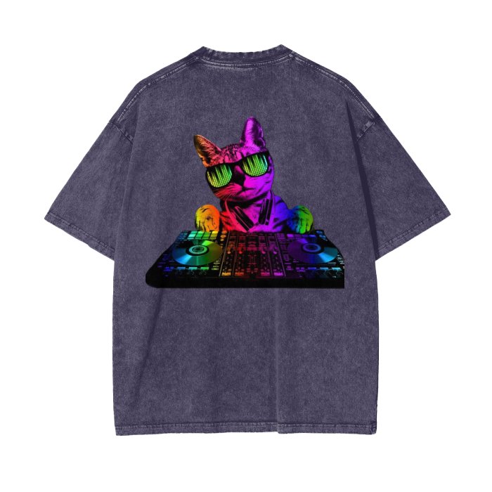 Front Rain Music Dj Kittyz - Streetwear Unisex Oversized Snow Wash T-Shirt | Up to 2XL - 7 colors - Front & Back Print #MzKittyz #NikkiDKatArt