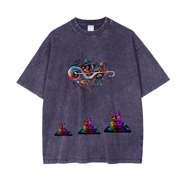 Front Rain Music Dj Kittyz - Streetwear Unisex Oversized Snow Wash T-Shirt | Up to 2XL - 7 colors - Front & Back Print #MzKittyz #NikkiDKatArt
