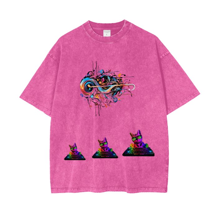 Front Rain Music Dj Kittyz - Streetwear Unisex Oversized Snow Wash T-Shirt | Up to 2XL - 7 colors - Front & Back Print #MzKittyz #NikkiDKatArt