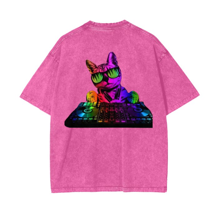 Front Rain Music Dj Kittyz - Streetwear Unisex Oversized Snow Wash T-Shirt | Up to 2XL - 7 colors - Front & Back Print #MzKittyz #NikkiDKatArt