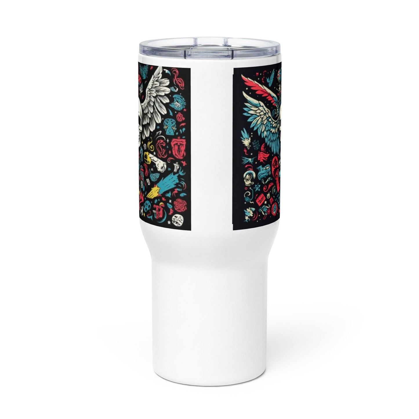 Front Skully Wings Color 2 Designs - Travel Mug with a Handle, 25oz #MzKittyz #NikkiDKatArt