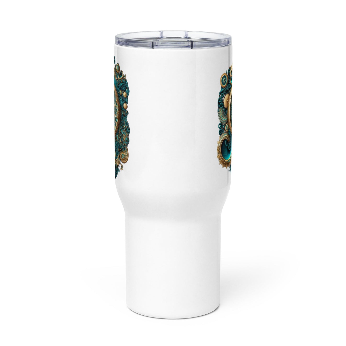 Front Steam Pop Bank Safe Design - Stainless Steel - Travel Mug with a Handle - 25oz. #MzKittyz #NikkiDKatArt