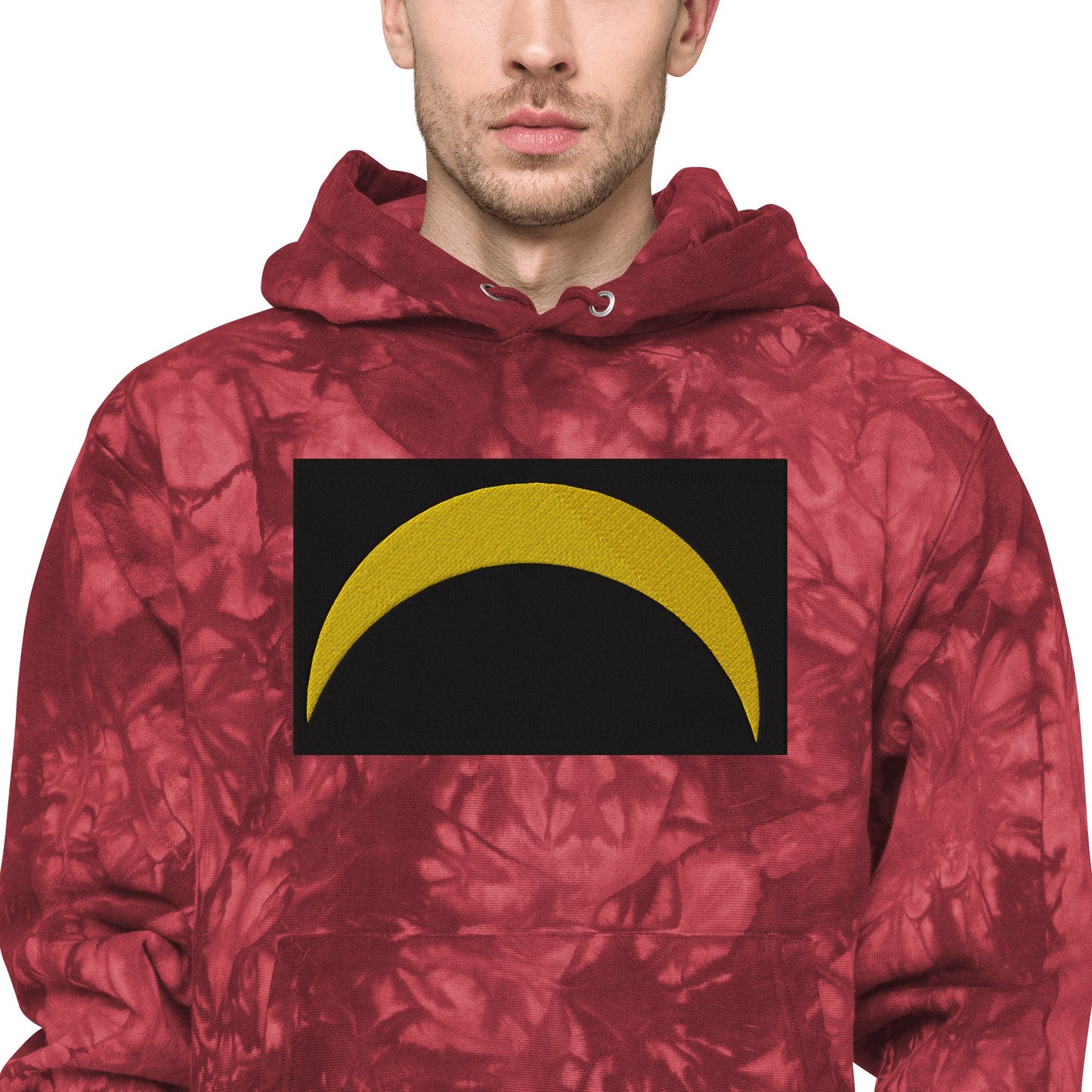 Front Unisex Champion Tie-Dye hoodie with Embroidered Solar Eclipse Sizes up to 2XL Hoodie #MzKittyz #NikkiDKatArt