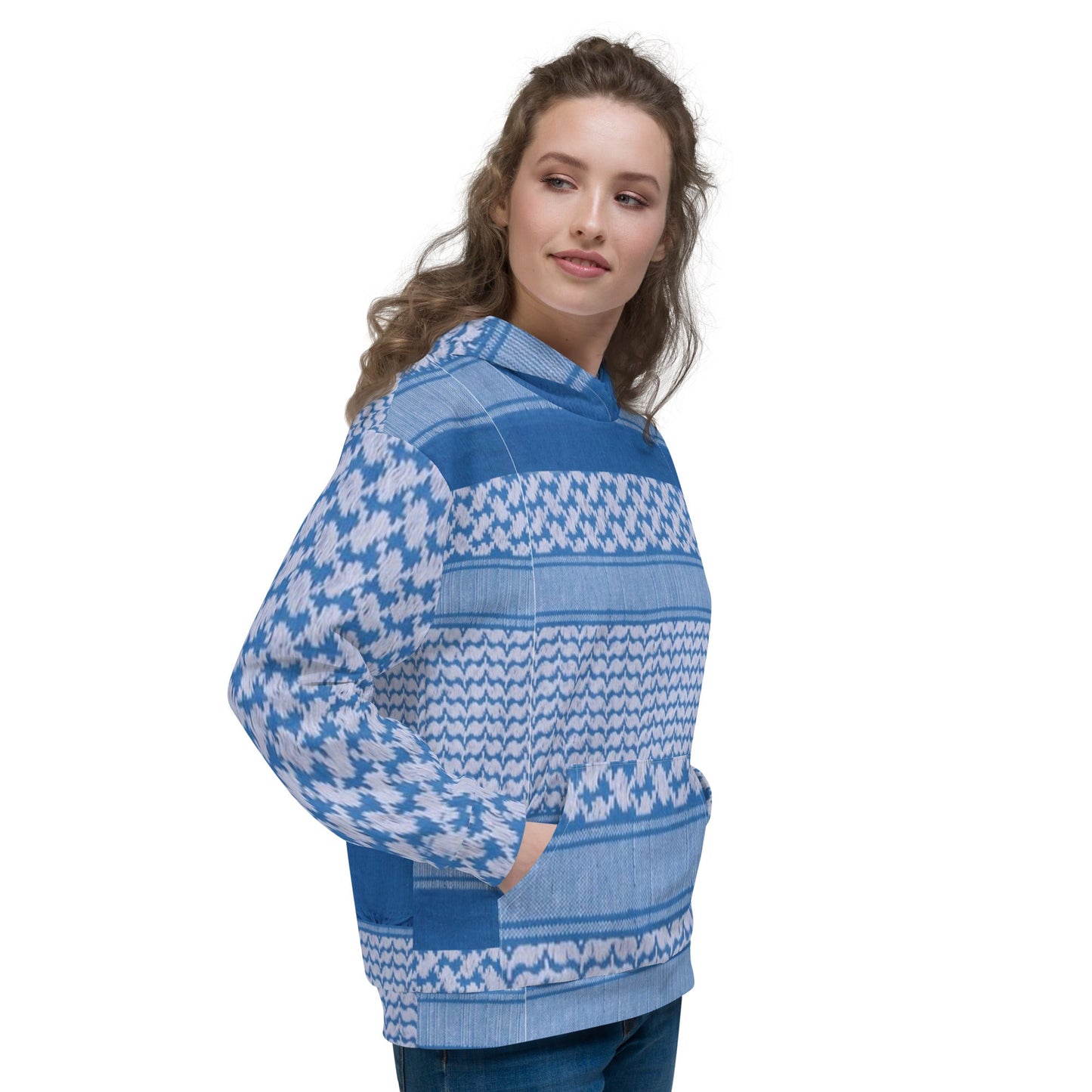 R Side - Unisex Hoodie - Keffyeh Signature Print - Blue & White Sizes up to 3XL #MzKittyz #NikkiDKatArt