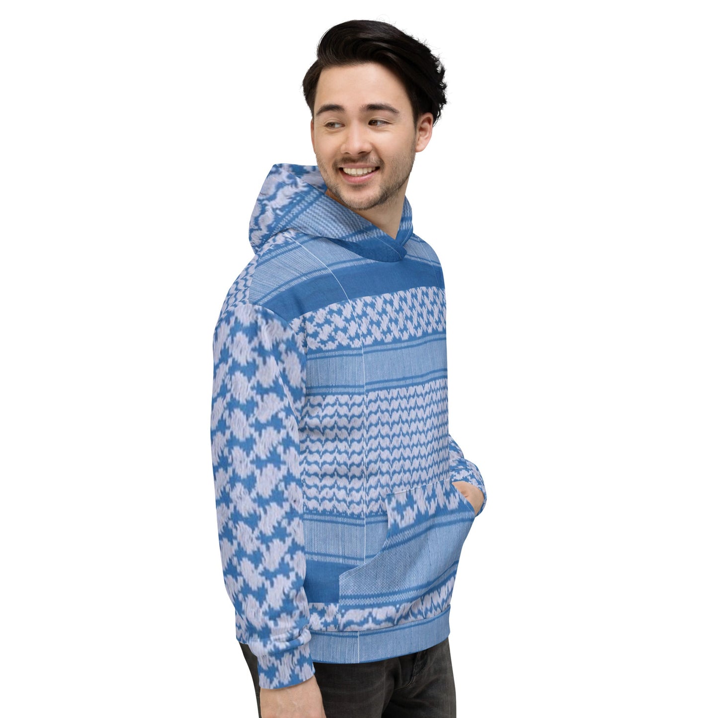 R Side -Unisex Hoodie - Keffyeh Signature Print - Blue & White Sizes up to 3XL #MzKittyz #NikkiDKatArt