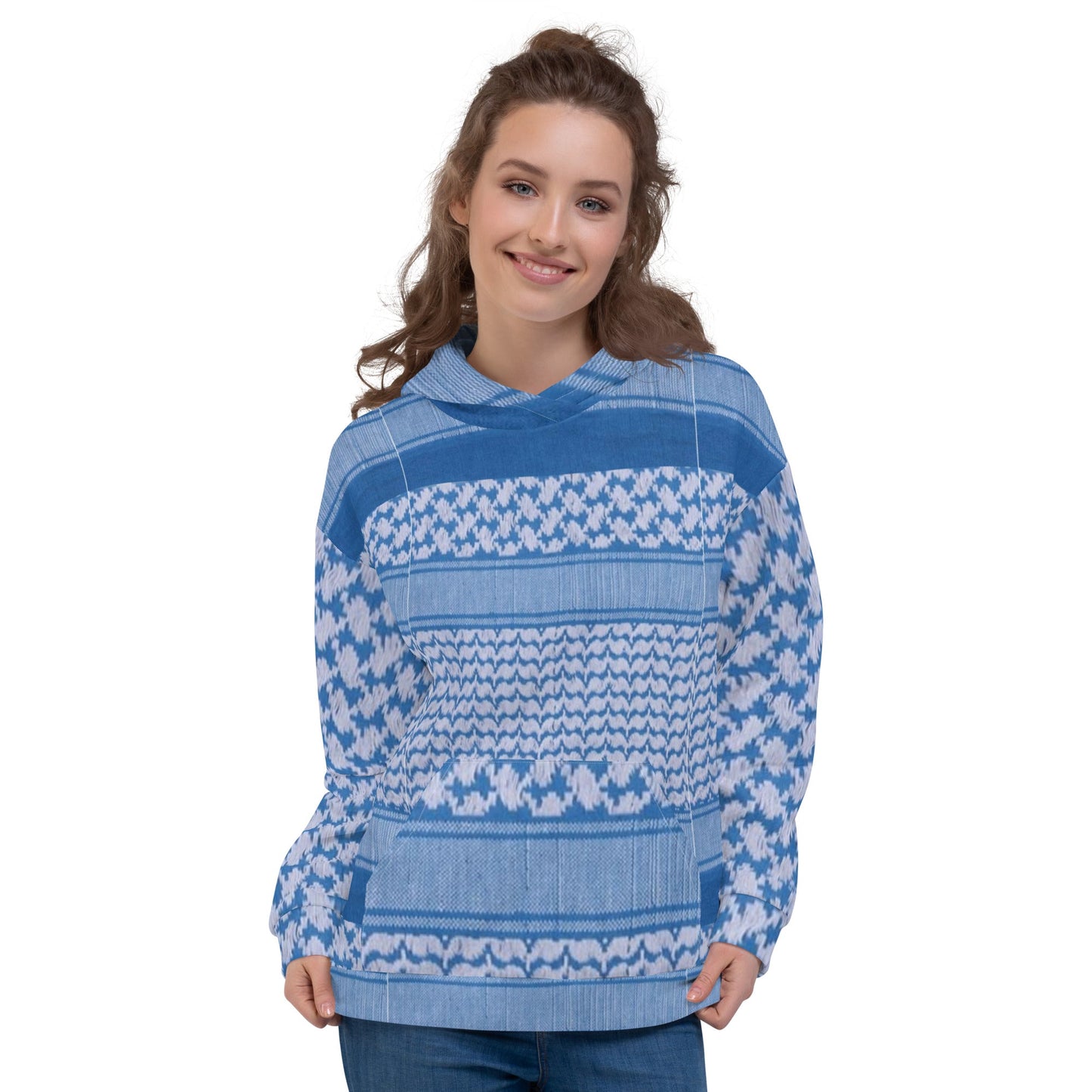 Front Unisex Hoodie - Keffyeh Signature Print - Blue & White Sizes up to 3XL #MzKittyz #NikkiDKatArt