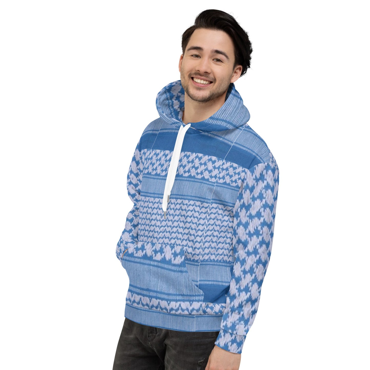 Front L Side - Unisex Hoodie - Keffyeh Signature Print - Blue & White Sizes up to 3XL #MzKittyz #NikkiDKatArt