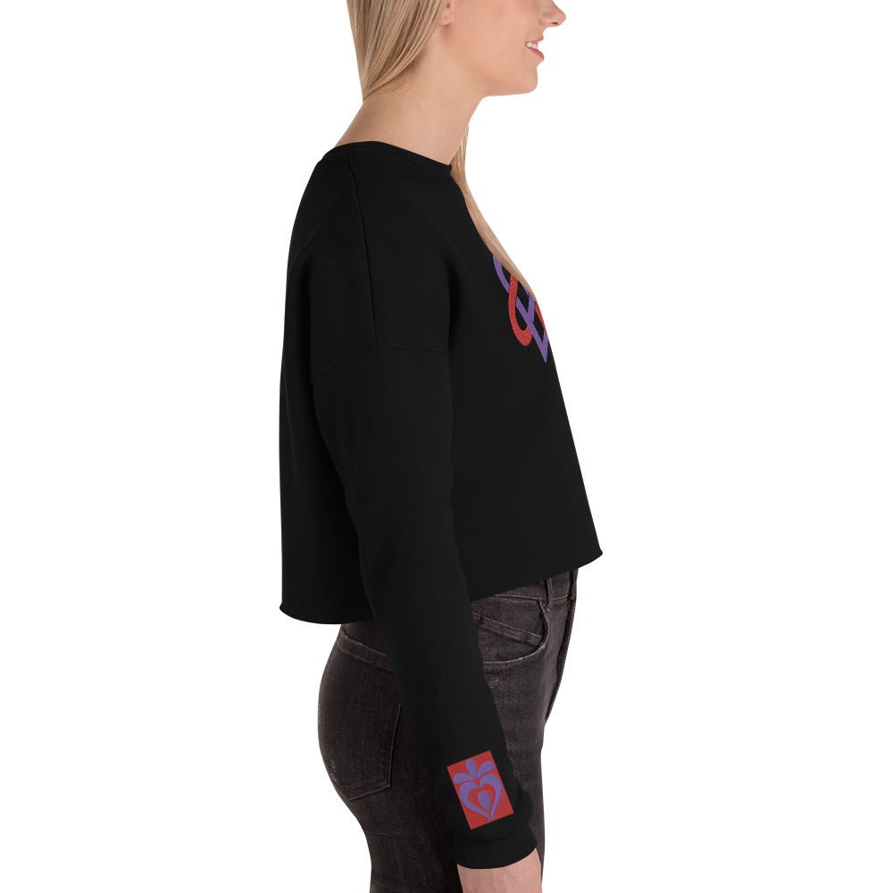Front Women's Streetwear, Black, Crop Sweatshirt - 'Celtic Tribal Love Hearts Knot' Embroidered Designs - Drop Shoulder #MzKittyz #NikkiDKatArt