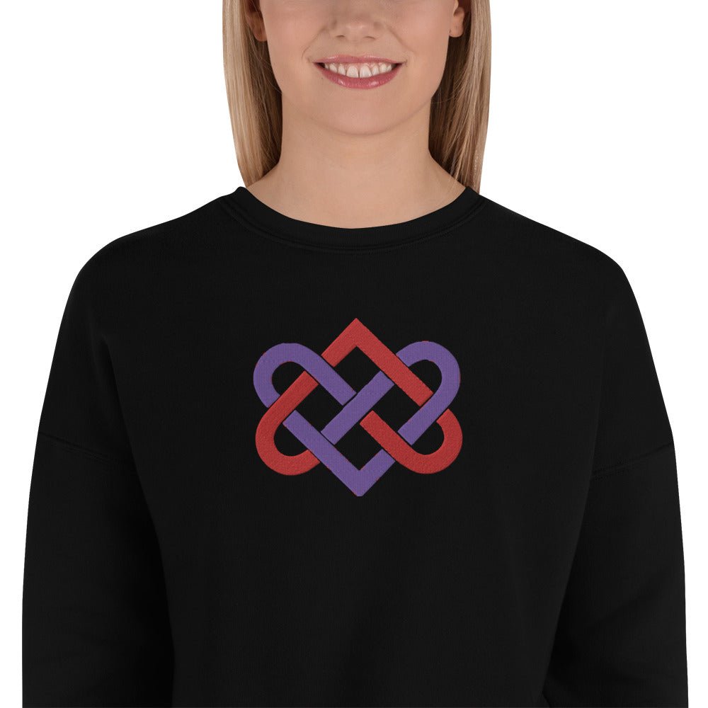 Front Women's Streetwear, Black, Crop Sweatshirt - 'Celtic Tribal Love Hearts Knot' Embroidered Designs - Drop Shoulder #MzKittyz #NikkiDKatArt