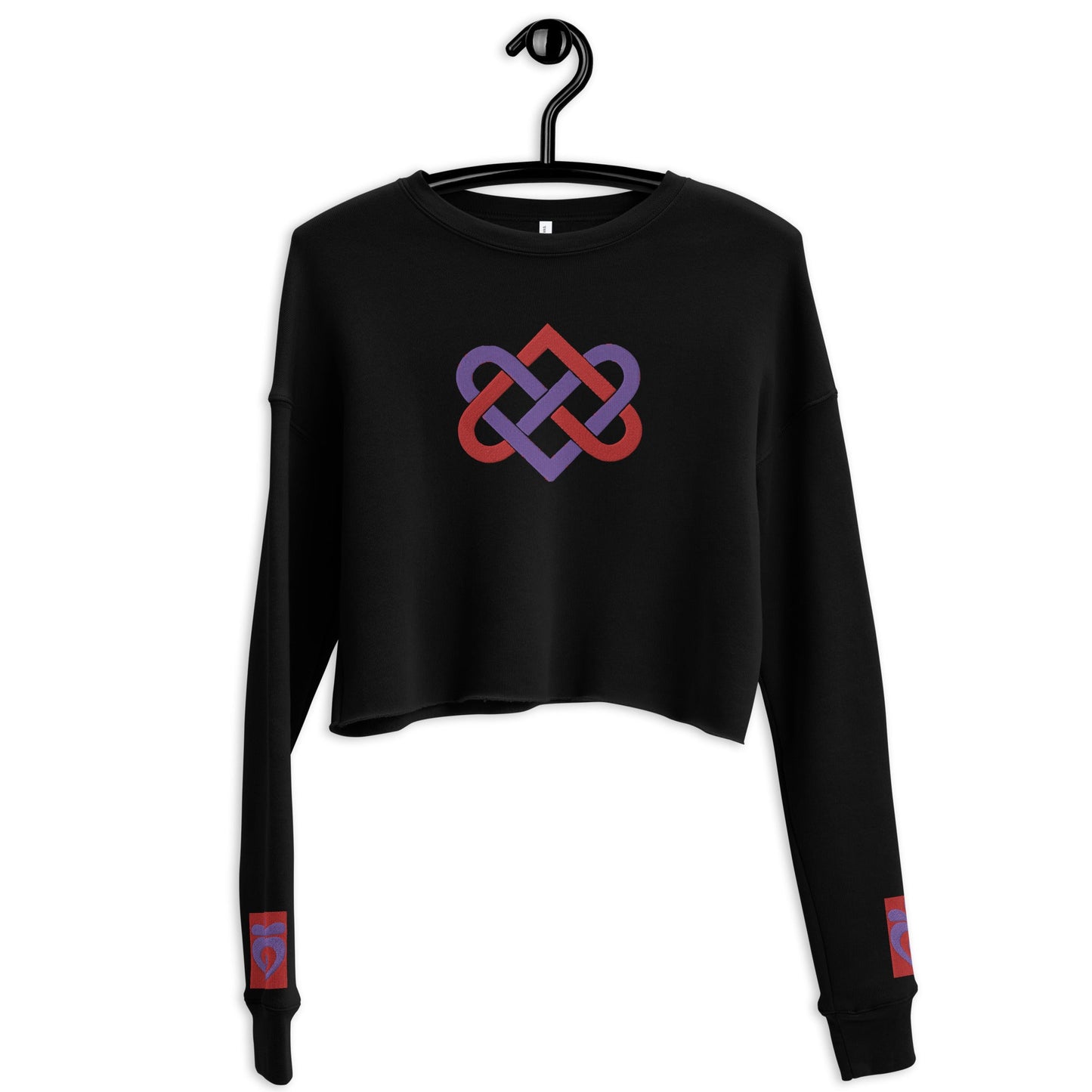 Front Women's Streetwear, Black, Crop Sweatshirt - 'Celtic Tribal Love Hearts Knot' Embroidered Designs - Drop Shoulder #MzKittyz #NikkiDKatArt
