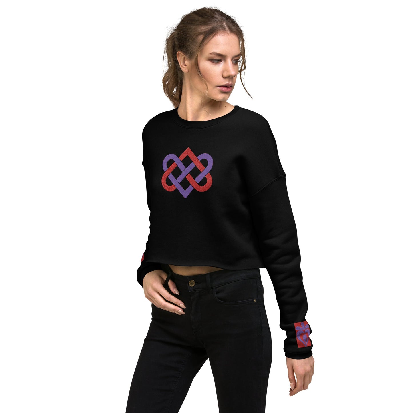 Front Women's Streetwear, Black, Crop Sweatshirt - 'Celtic Tribal Love Hearts Knot' Embroidered Designs - Drop Shoulder #MzKittyz #NikkiDKatArt