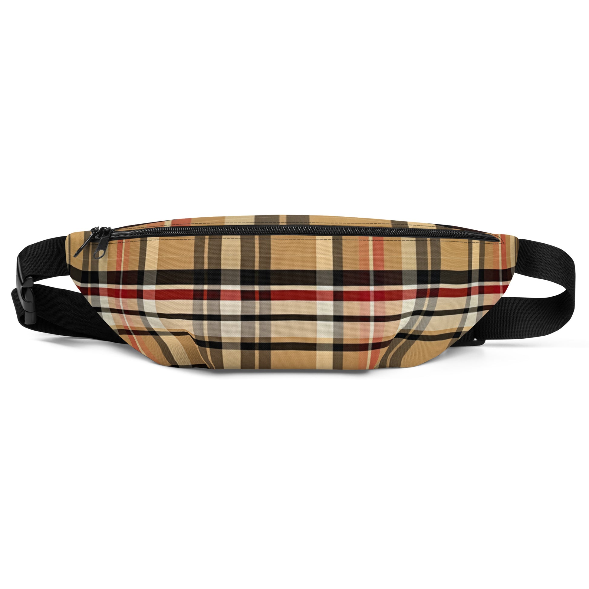 Front Beige Plaid Adjustable Fanny Pack #MzKittyz #NikkiDKatArt