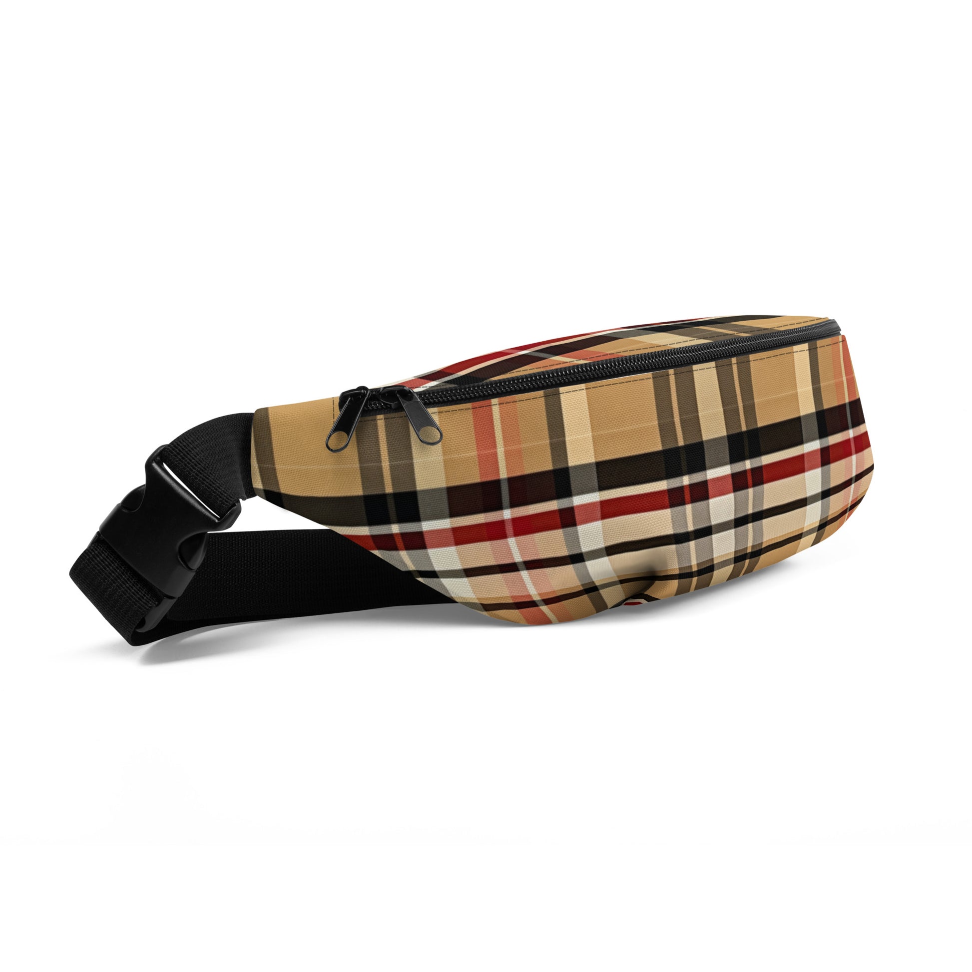 Front Beige Plaid Adjustable Fanny Pack #MzKittyz #NikkiDKatArt