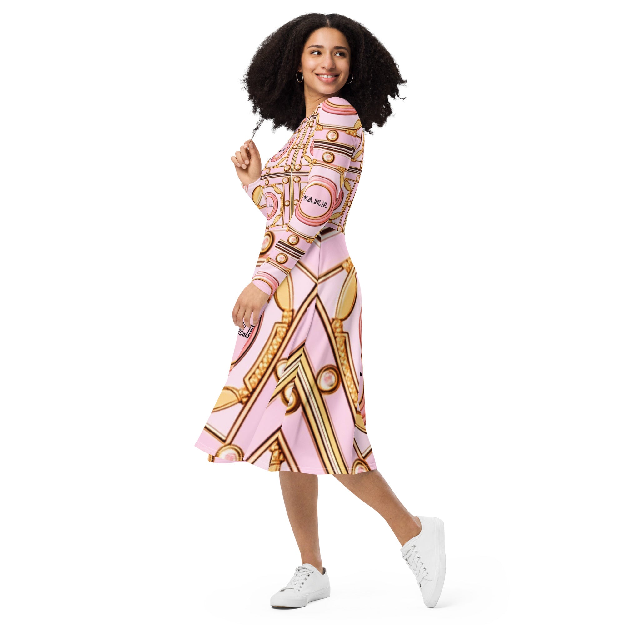 Front V.A.M.P. Paris Signature Scarf Design long sleeve midi dress Mid Length #MzKittyz #NikkiDKatArt