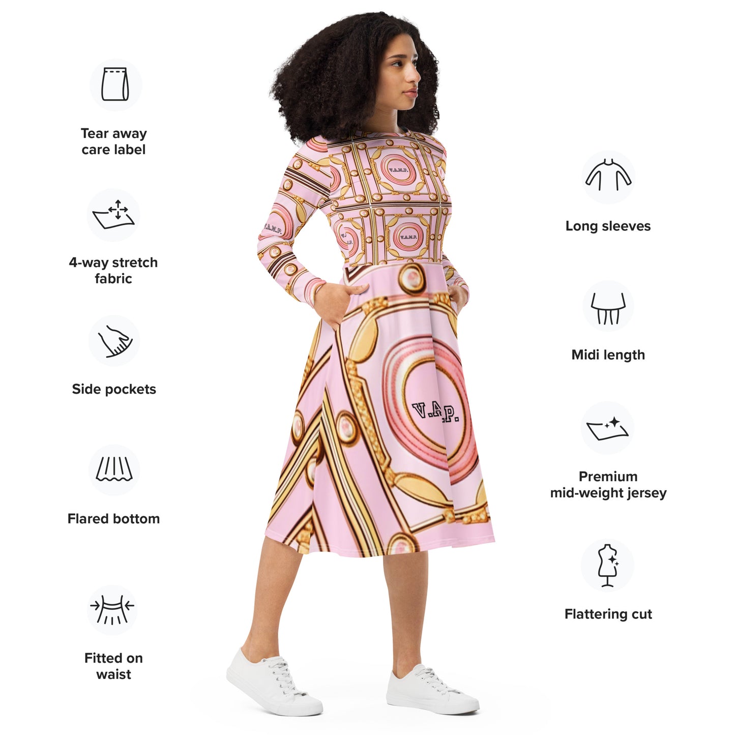 Front V.A.M.P. Paris Signature Scarf Design long sleeve midi dress Mid Length #MzKittyz #NikkiDKatArt