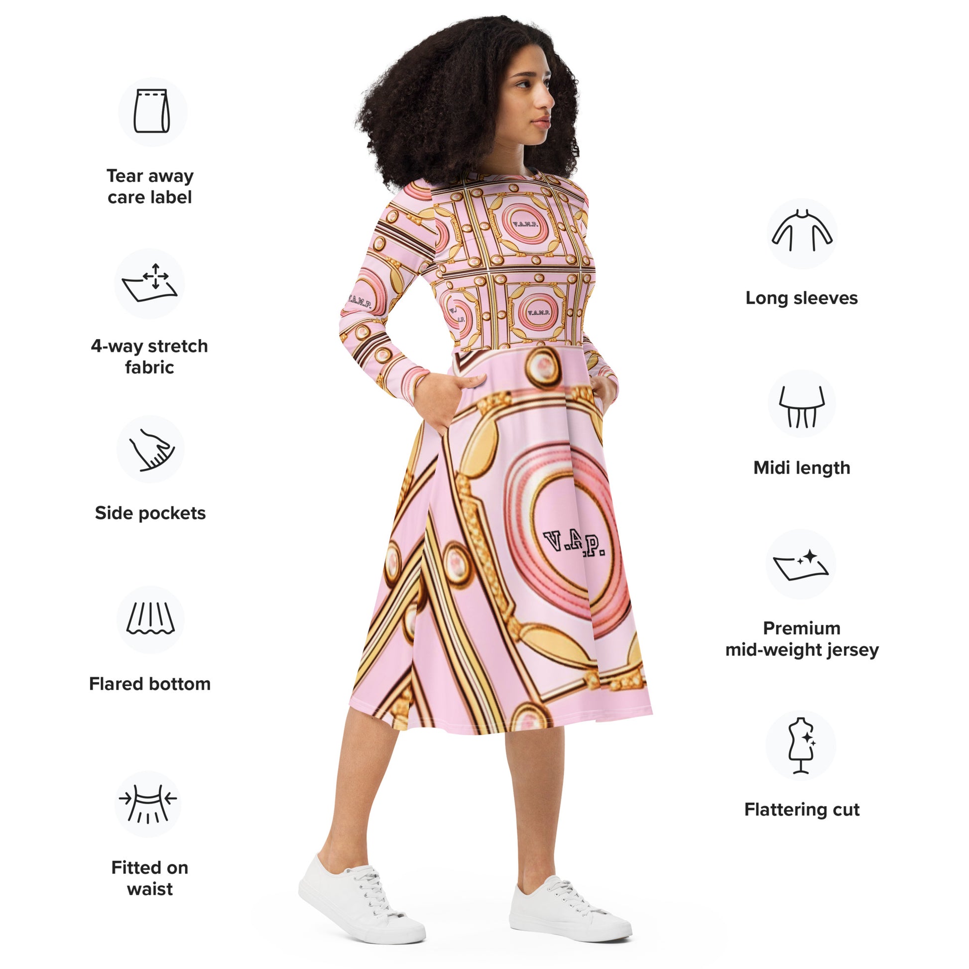 Front V.A.M.P. Paris Signature Scarf Design long sleeve midi dress Mid Length #MzKittyz #NikkiDKatArt