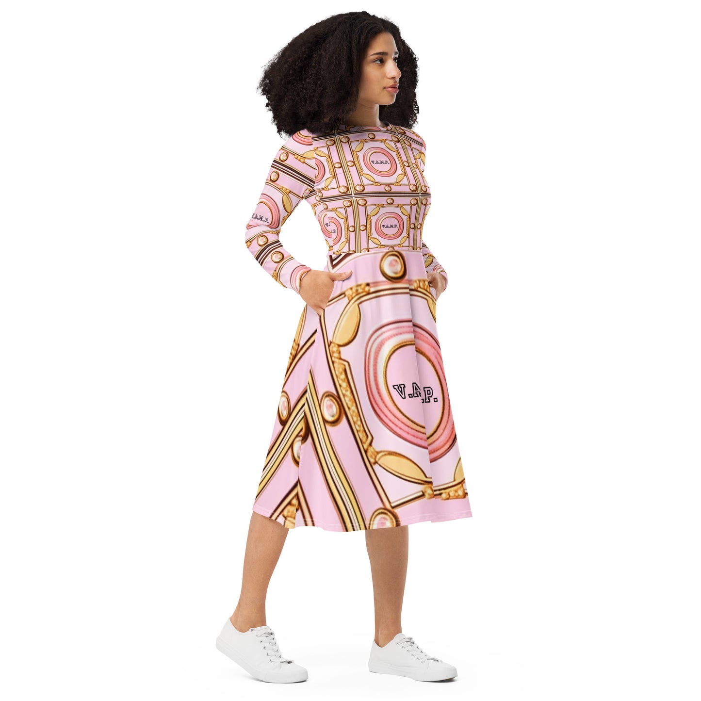 Front V.A.M.P. Paris Signature Scarf Design long sleeve midi dress Mid Length #MzKittyz #NikkiDKatArt