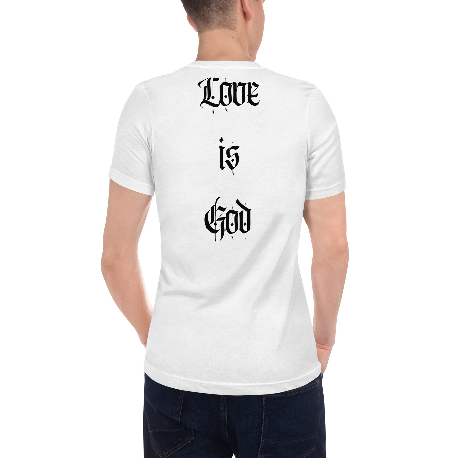 Back,Boy, "LOVE IS GOD" God Is Love, Love Is God, White, Unisex Short Sleeve V-Neck T-Shirt #MzKittyz #NikkiDKatArt