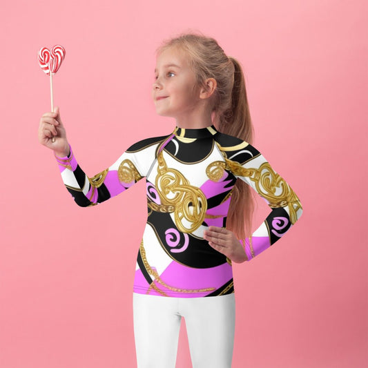 Front Baroque Hot Pink, Black & Gold Signature, Unisex - Kids Rash Guard Top Rash Guard Top #MzKittyz #NikkiDKatArt
