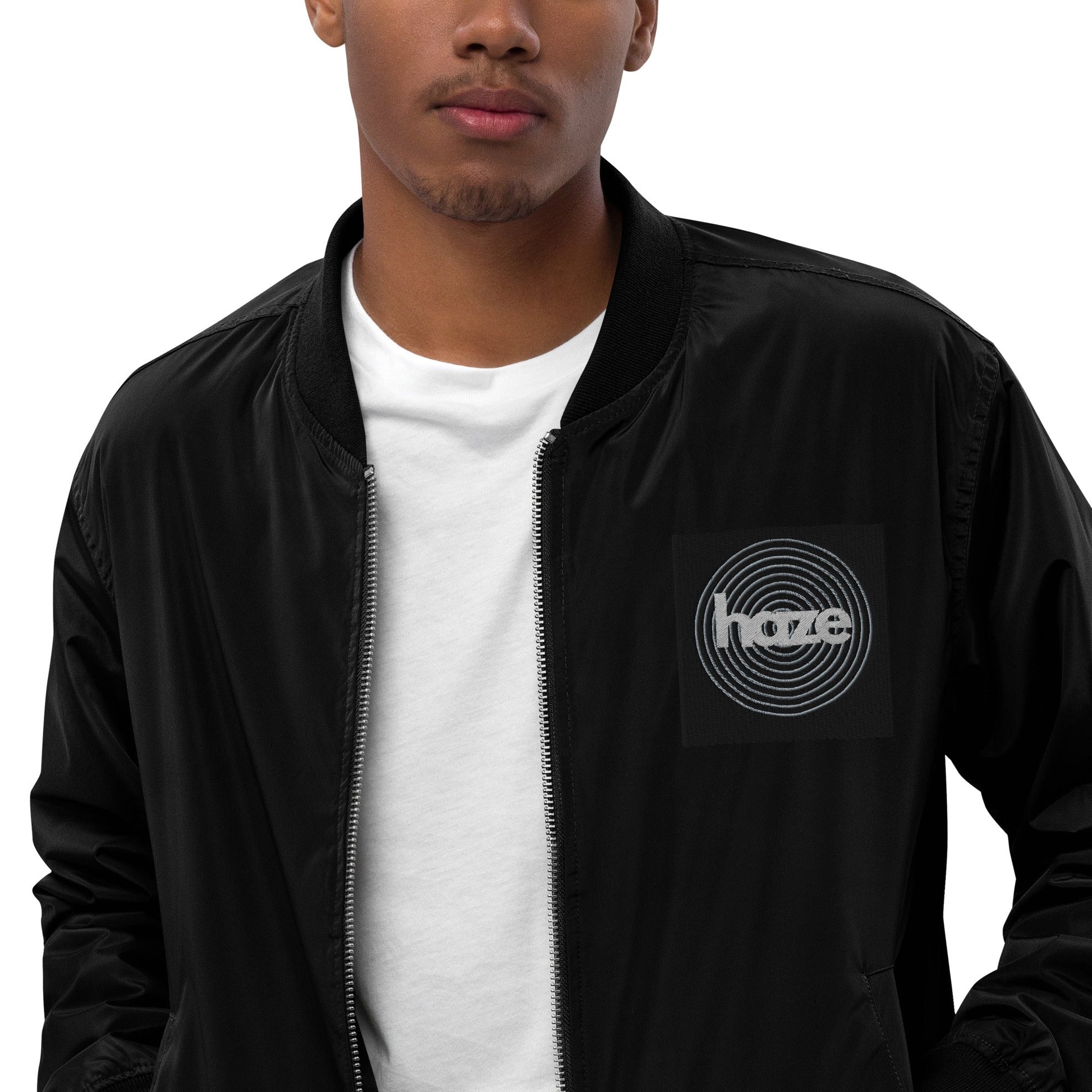Front haze logo Embroidered Unisex Premium recycled bomber jacket Jacket #MzKittyz #NikkiDKatArt