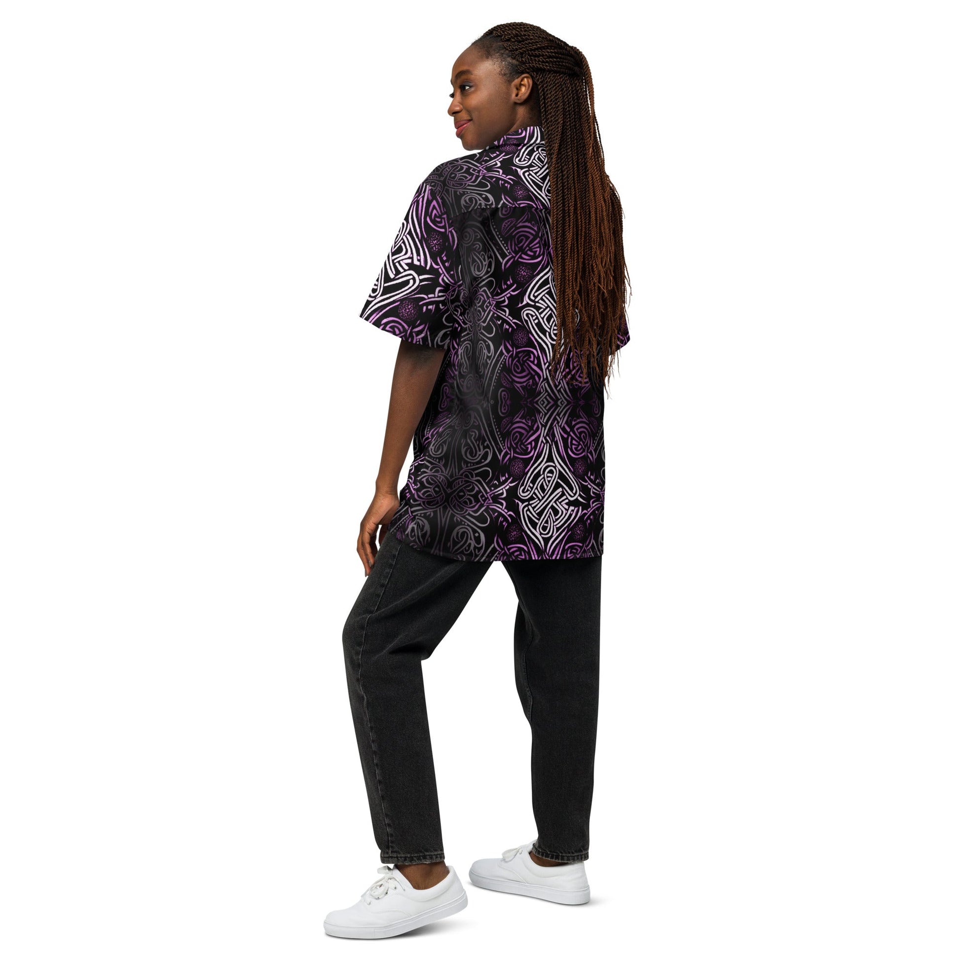 Front Purple Celtic Knot Unisex button shirt #MzKittyz #NikkiDKatArt