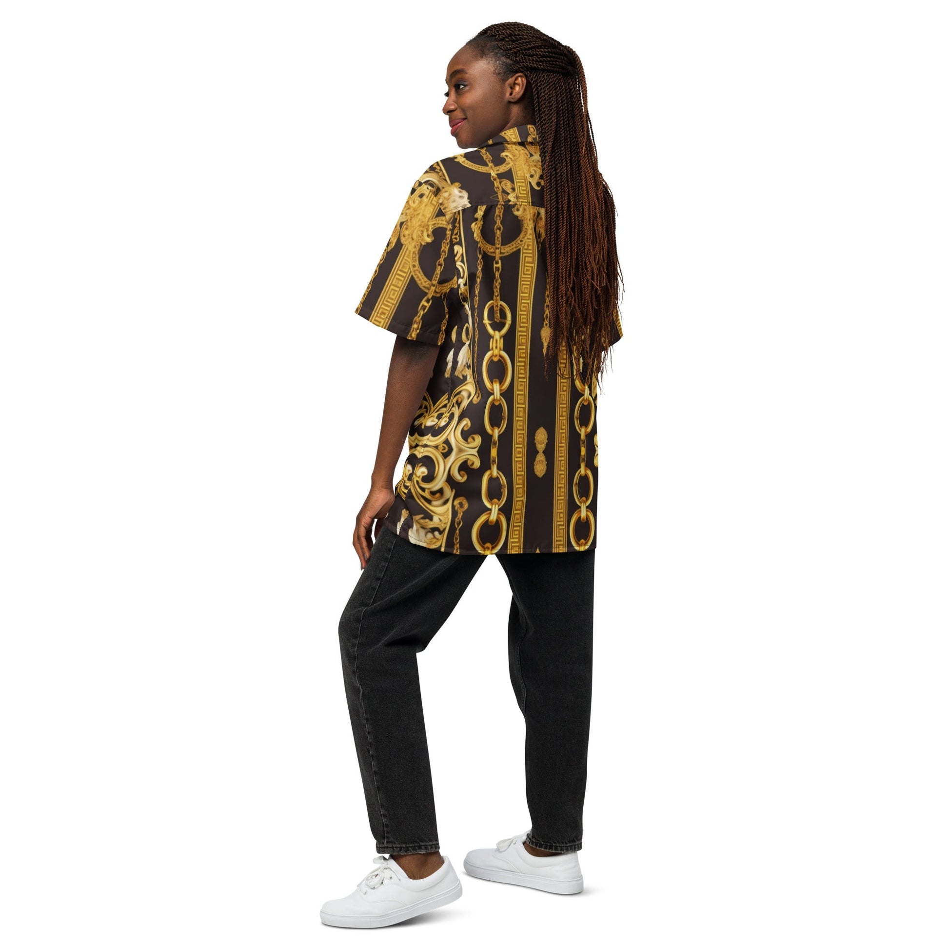 Front Gold & Black Baroque Signature Scarf Design Unisex button shirt Shirt #MzKittyz #NikkiDKatArt