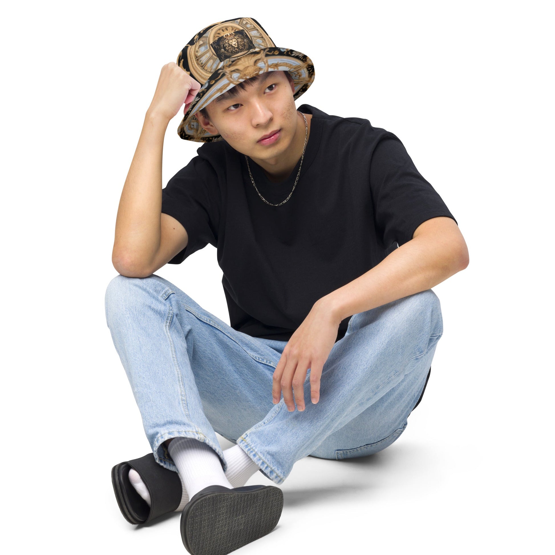 Front MzKittyz Signature Gold & Black Scarf Reversible Bucket Hat Bucket #MzKittyz #NikkiDKatArt