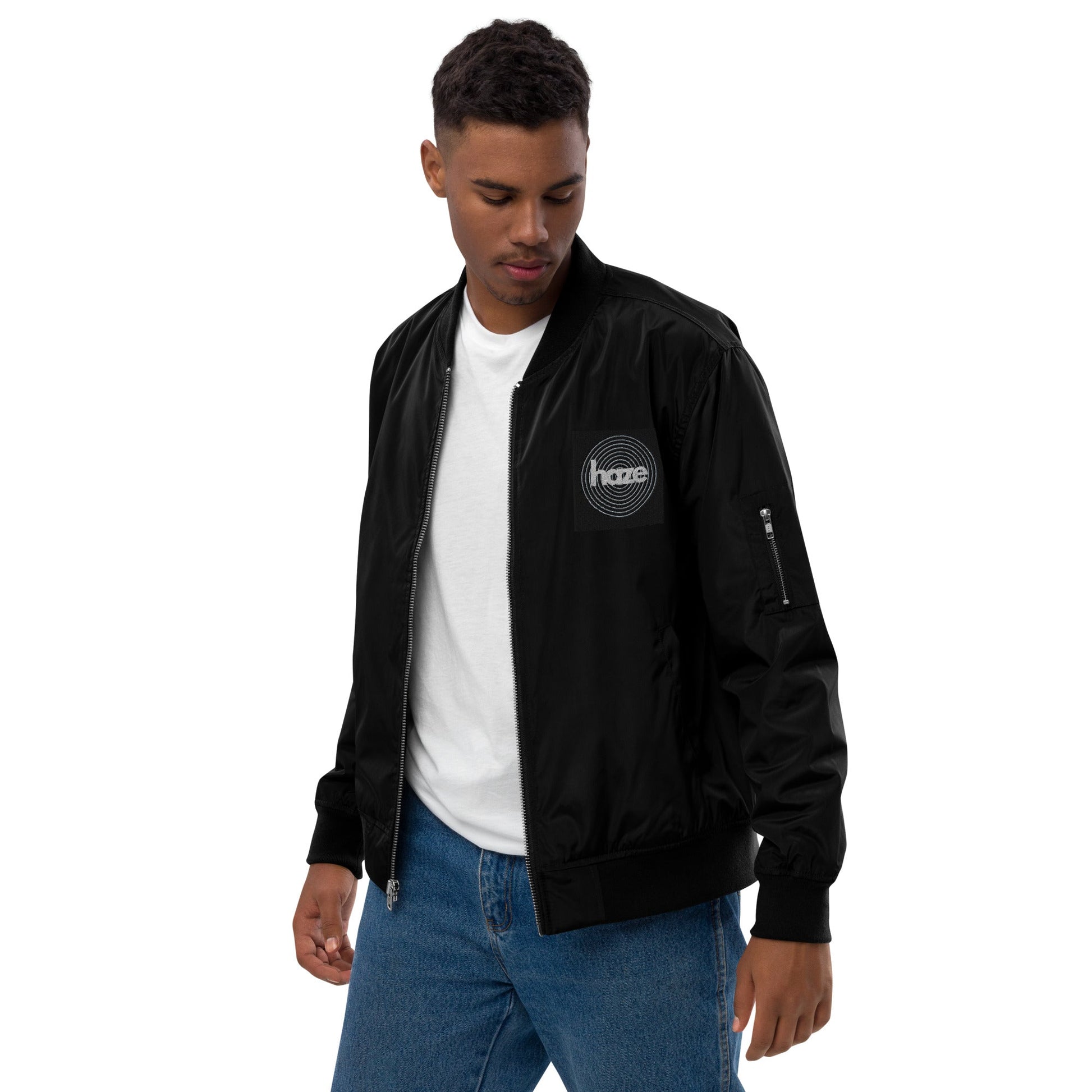Front haze logo Embroidered Unisex Premium recycled bomber jacket Jacket #MzKittyz #NikkiDKatArt
