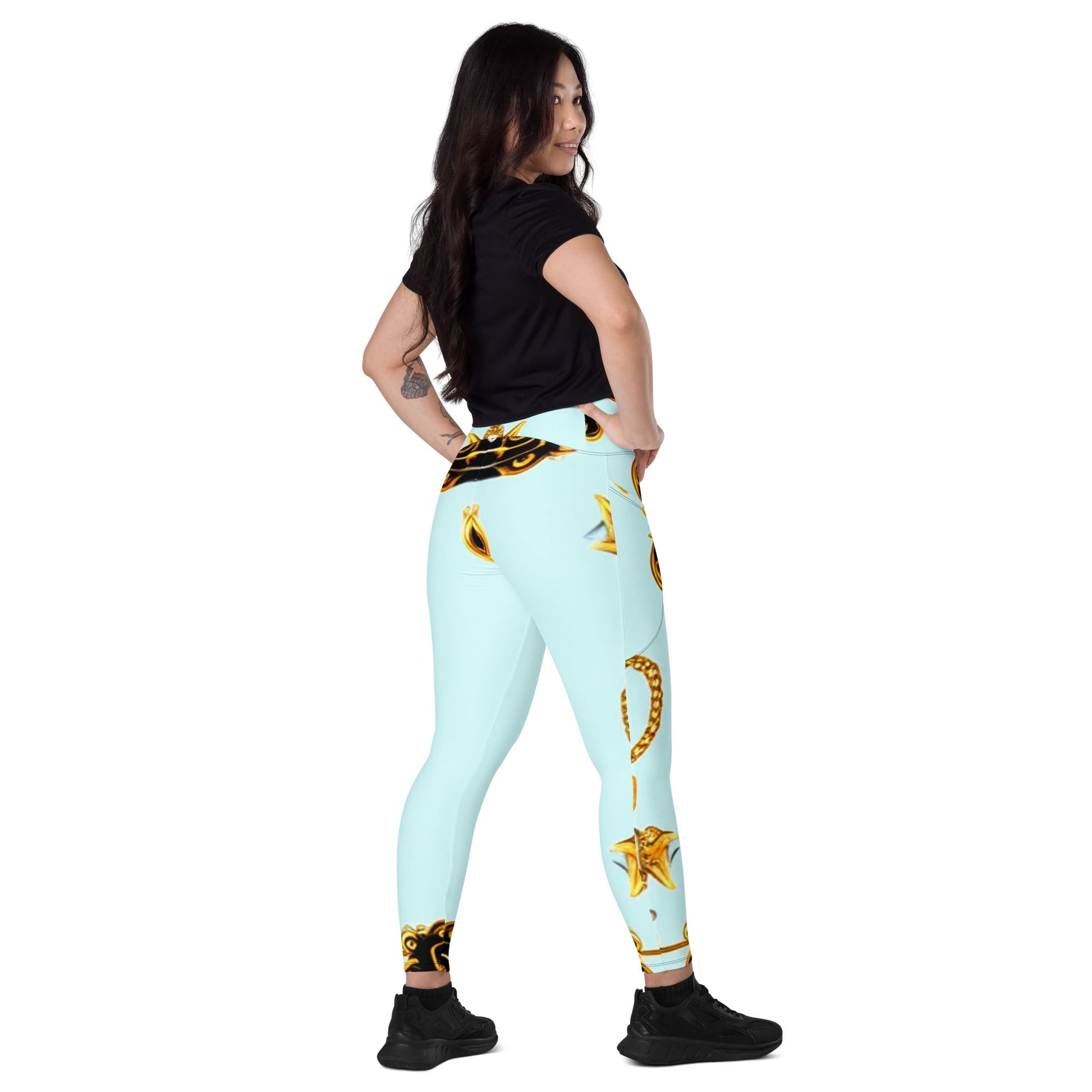 Front Aqua Signature Design Leggings w/ pockets Sizes up to 6XL Leggings #MzKittyz #NikkiDKatArt