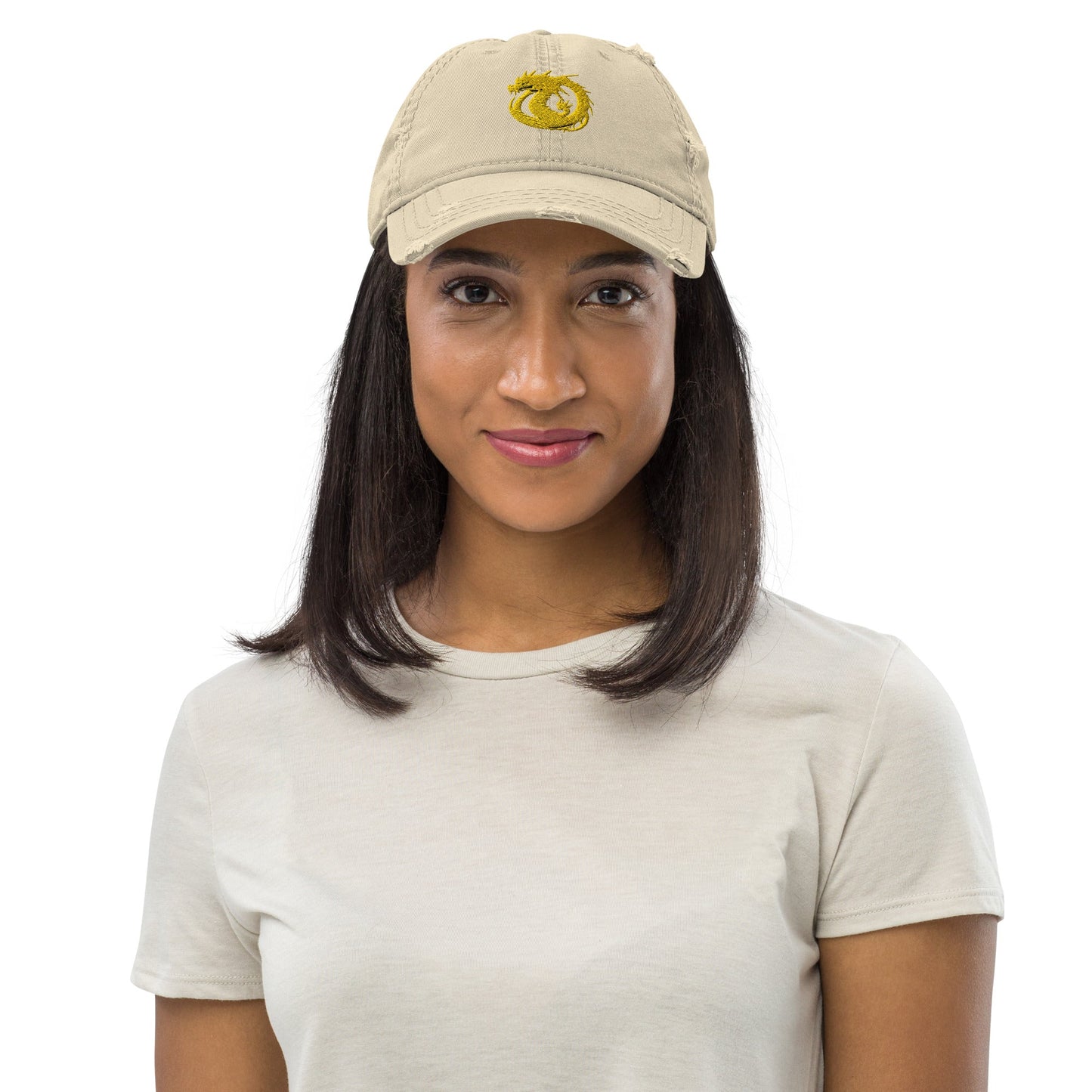 Front Golden Dragon Distressed Dad Hat DadHat #MzKittyz #NikkiDKatArt