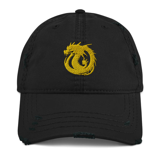 Front Golden Dragon Distressed Dad Hat DadHat #MzKittyz #NikkiDKatArt