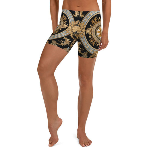 Front Mz Kittyz Black,Gold,Grey, Signature Scarf Design Shorts #MzKittyz #NikkiDKatArt