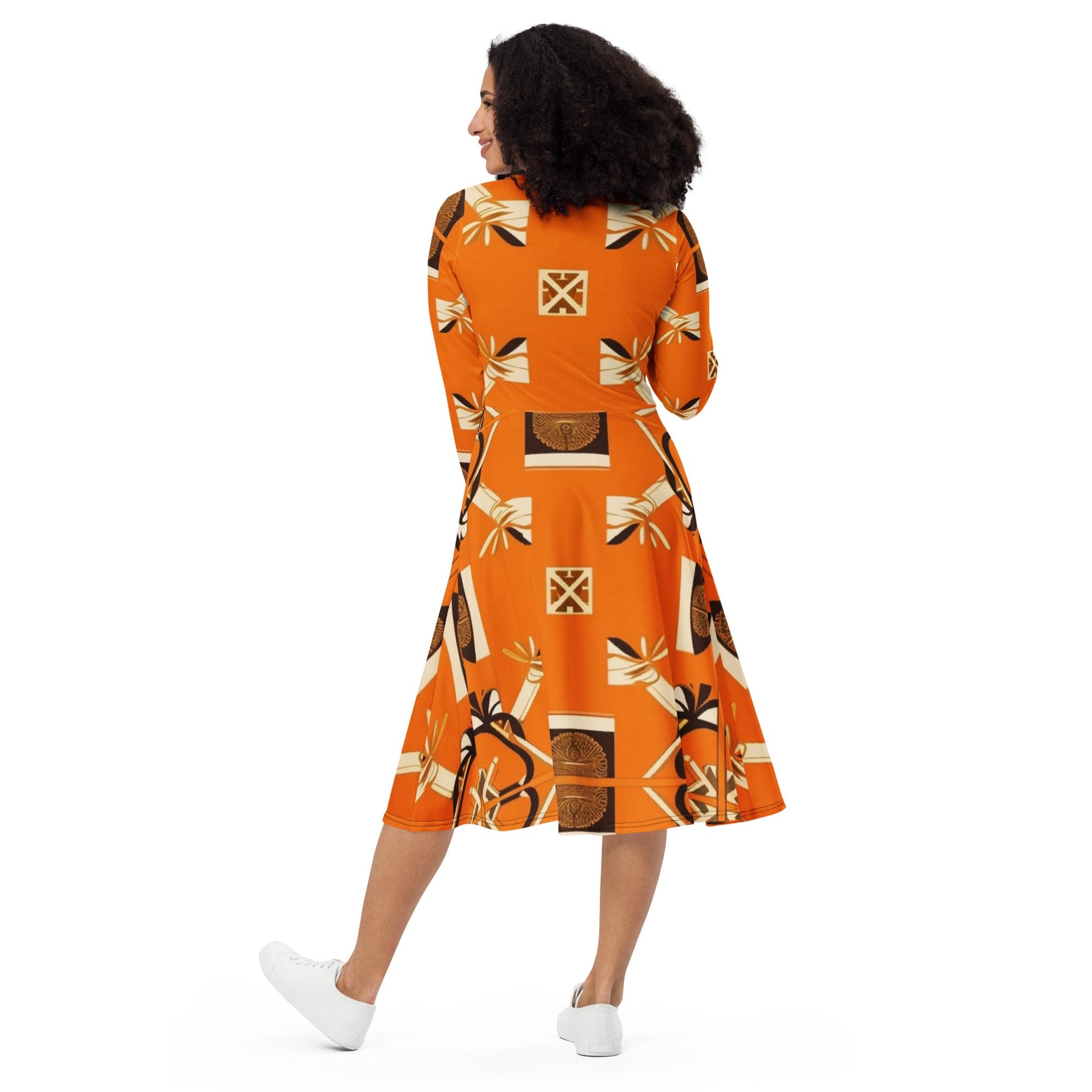 Back MzKittyz Signature Scarf Design in Orange - All-over print long sleeve midi dress w/pockets mid length #NikkiDKatArt