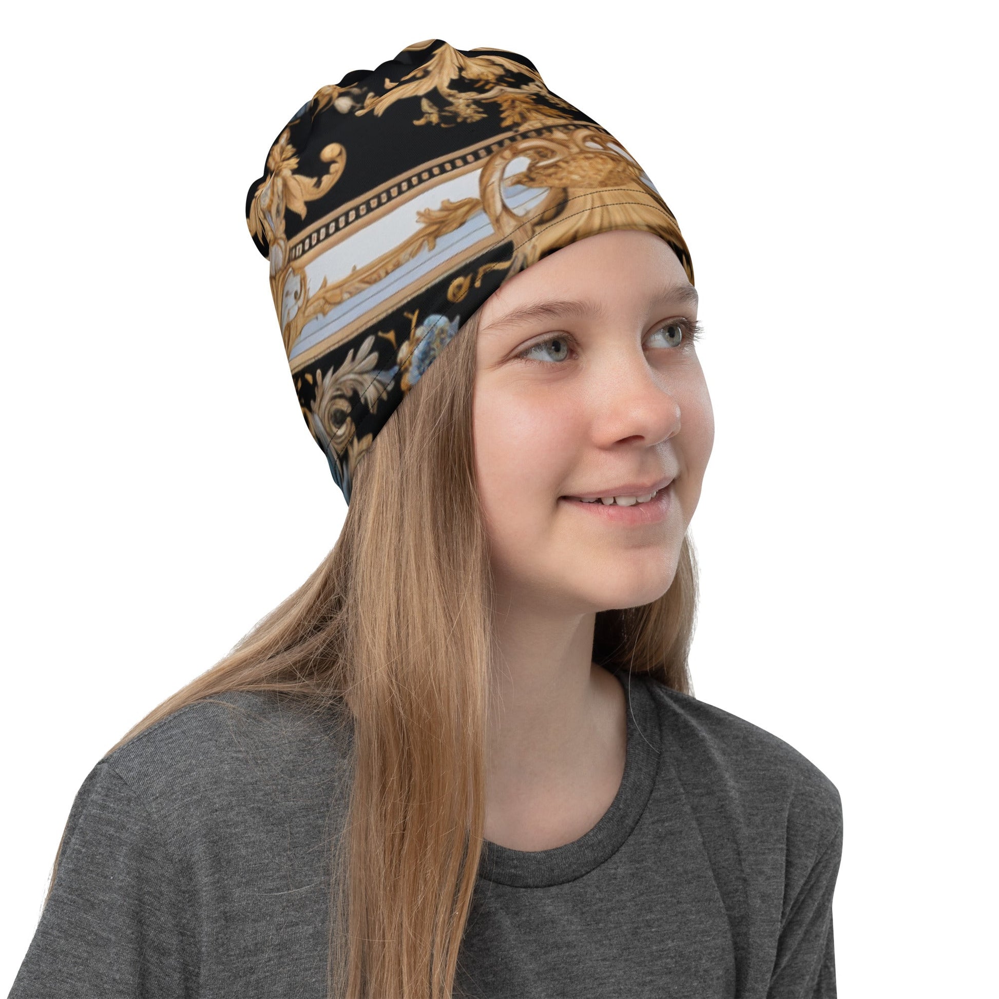 Front Gold & Black Signature Scarf Mask, Neck Gaiter Mask #MzKittyz #NikkiDKatArt