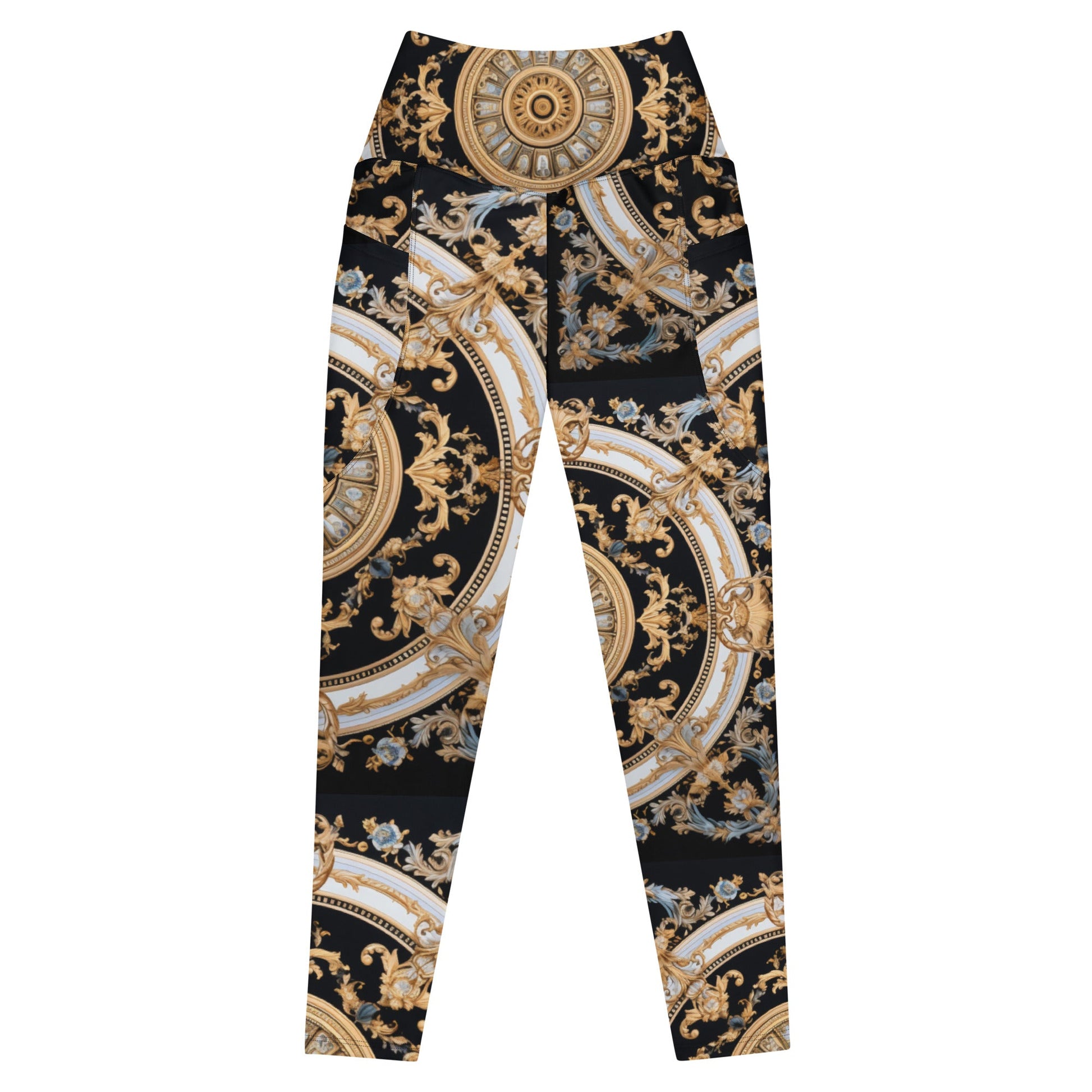 Front Mz Kittyz Black, Gold, Grey, Signature Scarf Design Leggings with pockets Leggings #MzKittyz #NikkiDKatArt