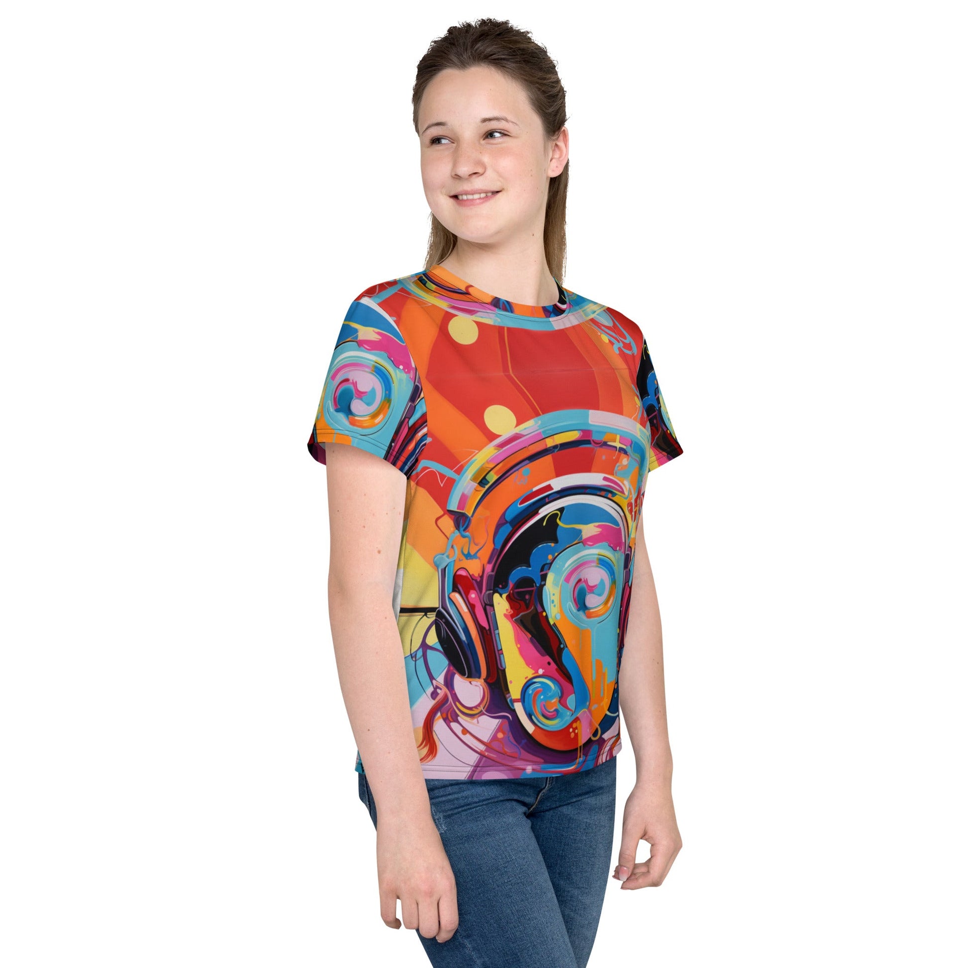 Front Nikki Max Headphones Face Youth crew neck t-shirt #MzKittyz #NikkiDKatArt