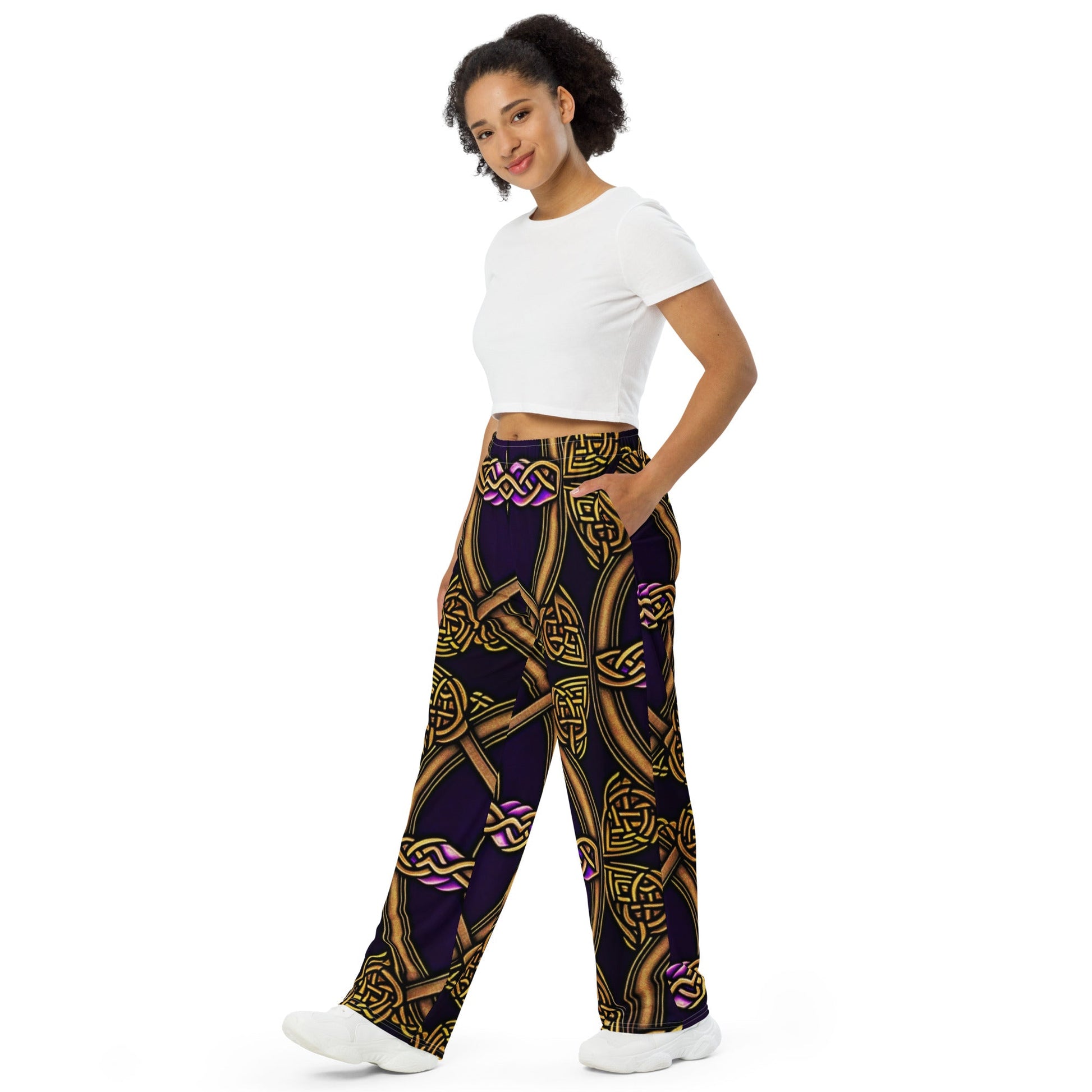 Front Celtic Knot Bronze Unisex wide-leg pants Wide Legged Pant #MzKittyz #NikkiDKatArt