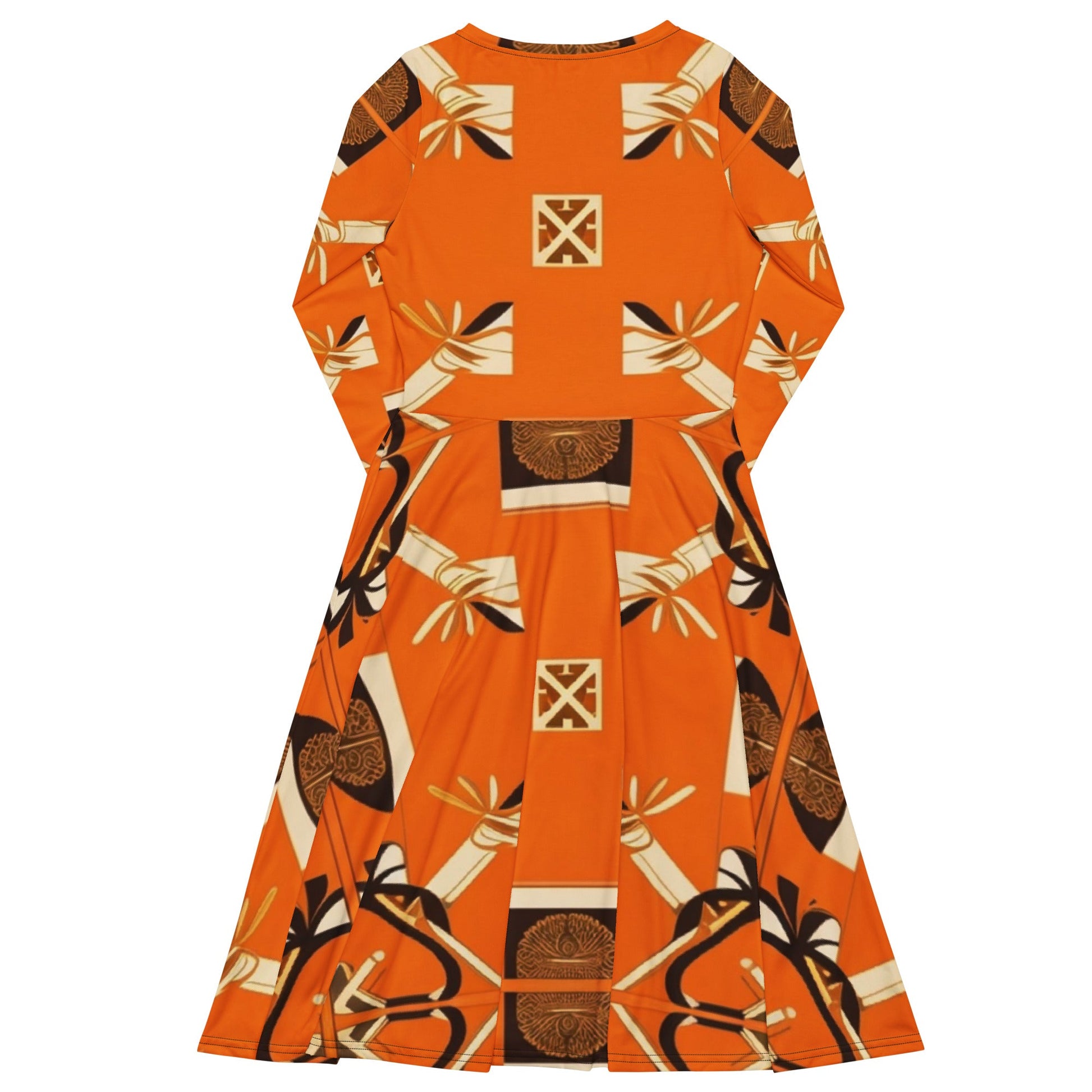 Back MzKittyz Signature Scarf Design in Orange - All-over print long sleeve midi dress w/pockets mid length