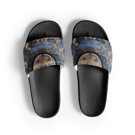Front Blue, Silver & Gold Signature Scarf Design Women's Slides Slides #MzKittyz #NikkiDKatArt