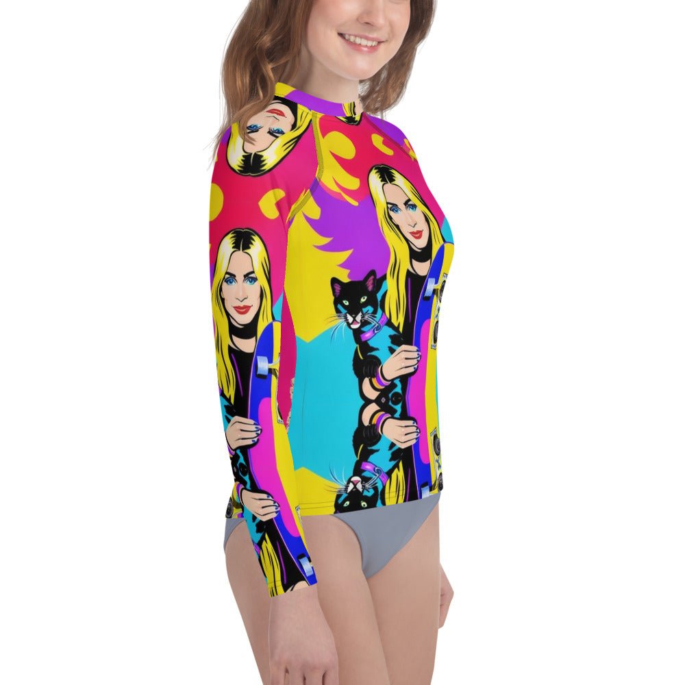 Front Mz Kitty Skateboard Kat Youth Rash Guard Shirt Moisture Wicking Shirt #MzKittyz #NikkiDKatArt