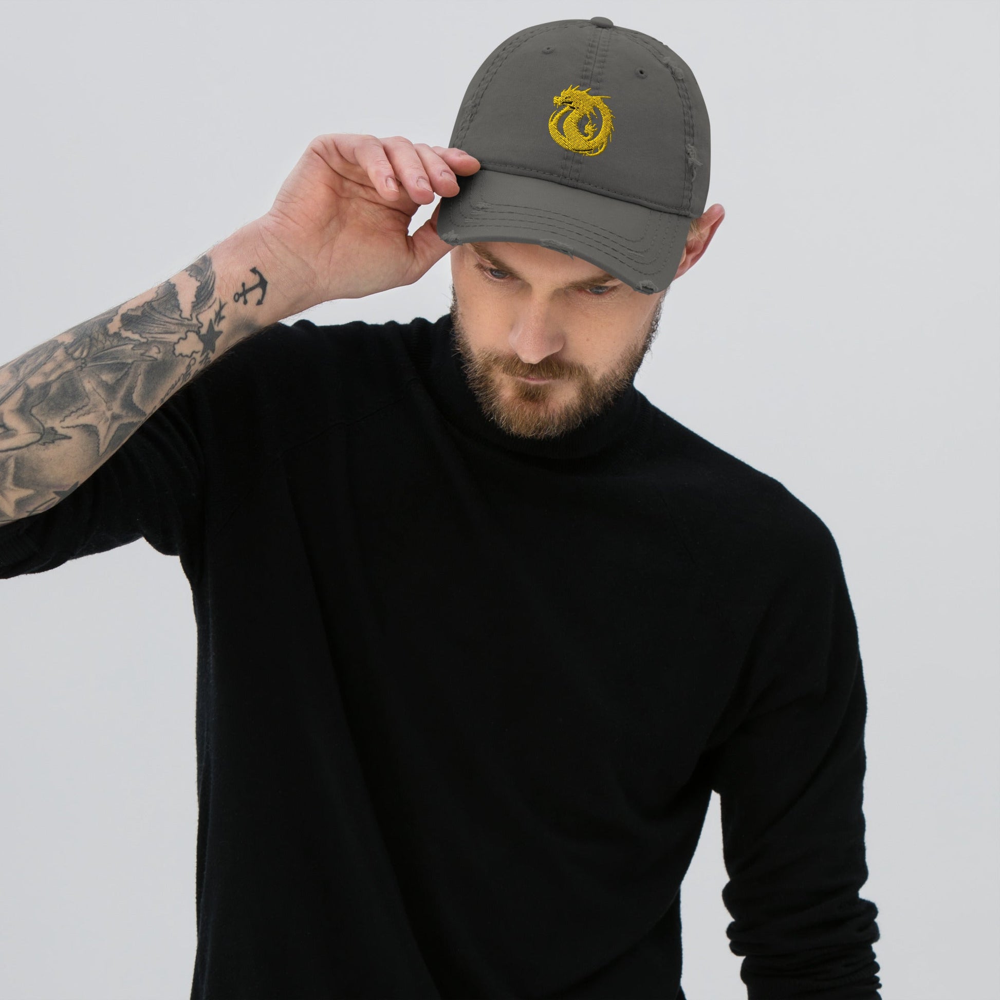 Front Golden Dragon Distressed Dad Hat DadHat #MzKittyz #NikkiDKatArt