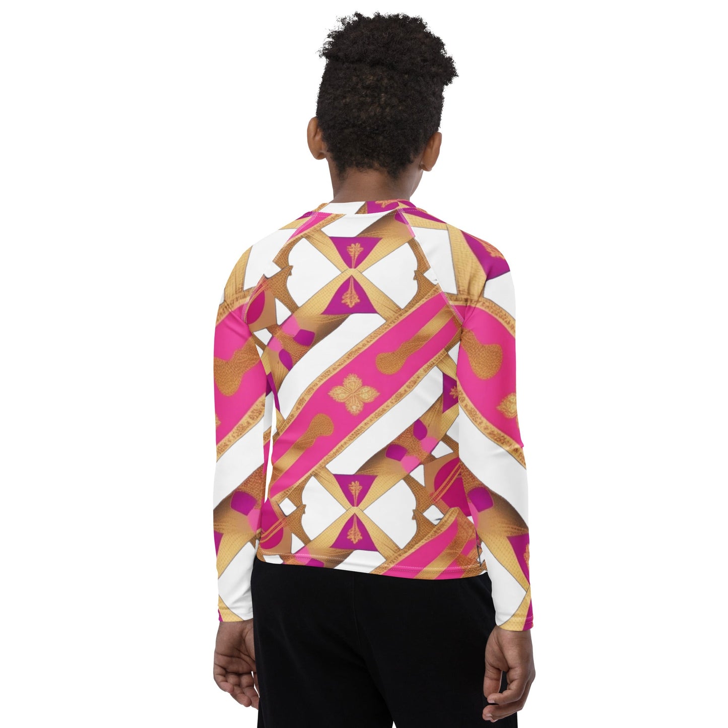 Front Pink & Gold Ribbon Signature Design Unisex Youth Rash Guard #MzKittyz #NikkiDKatArt