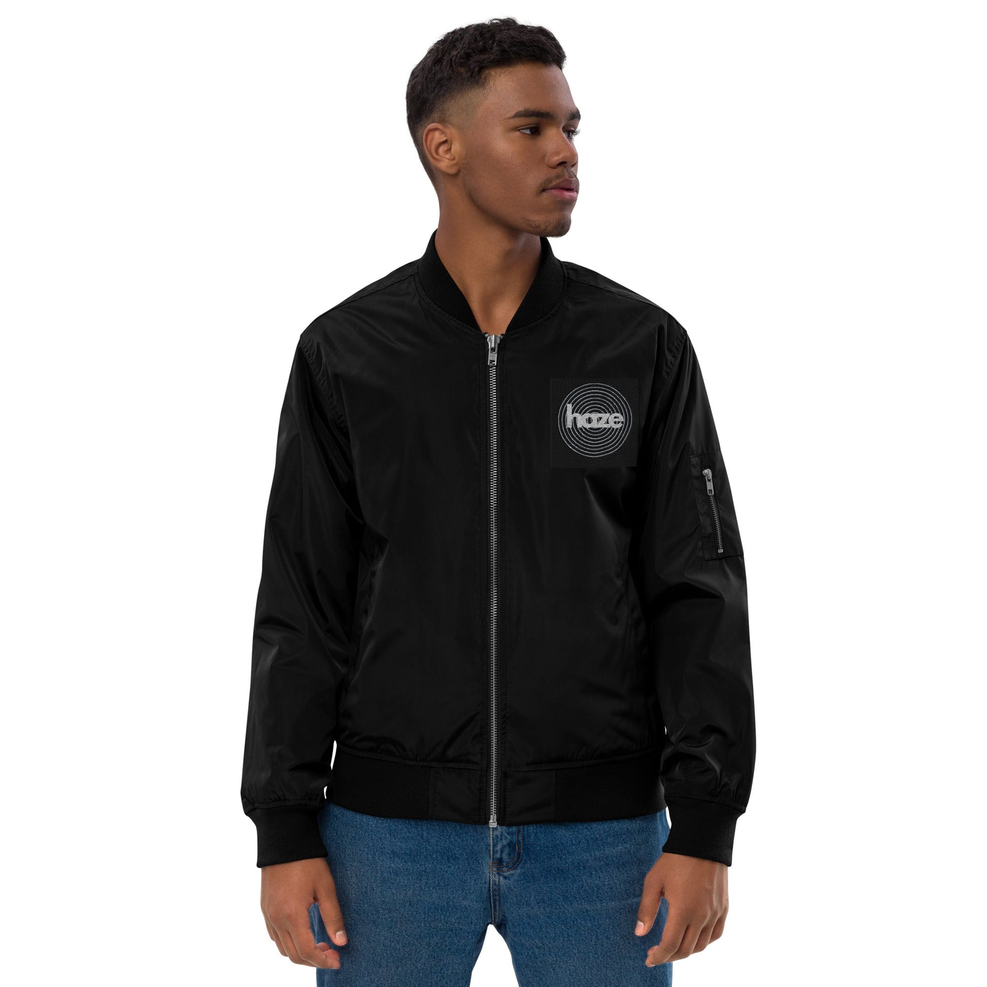 Front haze logo Embroidered Unisex Premium recycled bomber jacket Jacket #MzKittyz #NikkiDKatArt
